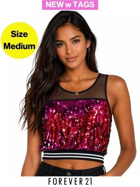 2/for $20 🪩 NEW w TAGS 🏷️ F21 Pink and Red Sequin Mesh Crop Top